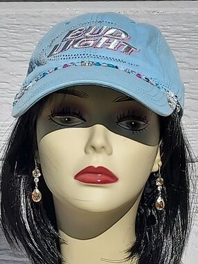 Blue Swarovski Crystal Bud Light Bedazzled Baseball Cap - Women Accessories